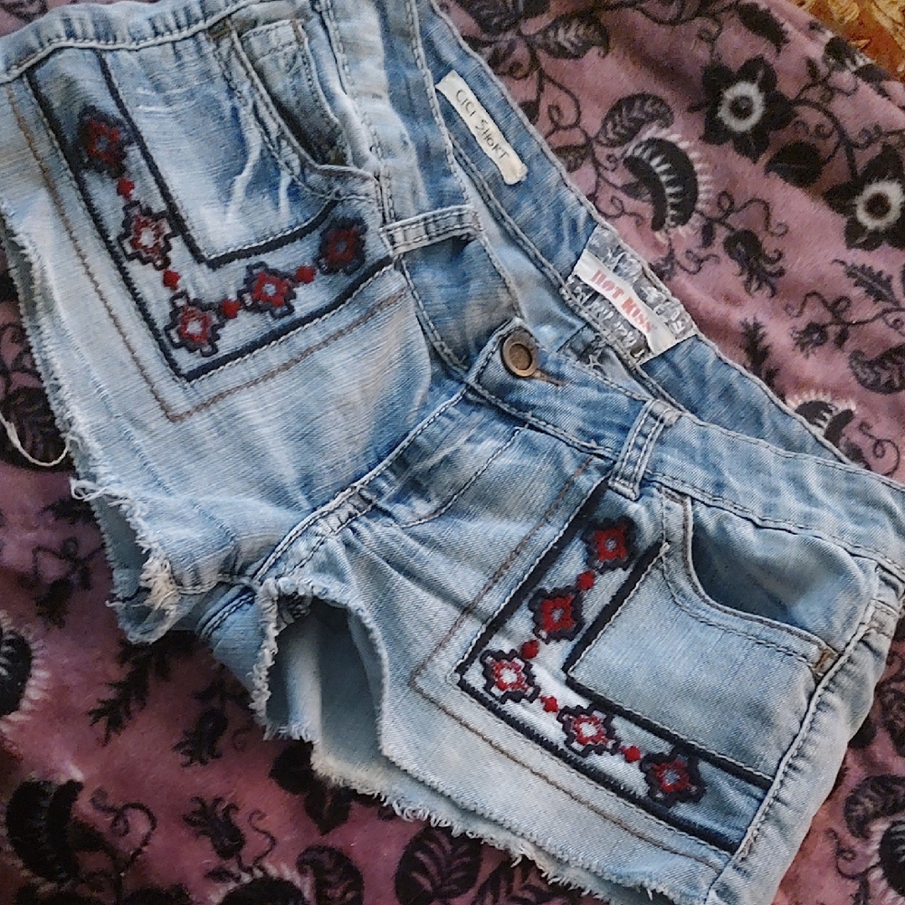 Light Blue Embroidered Denim Shorts - Women's